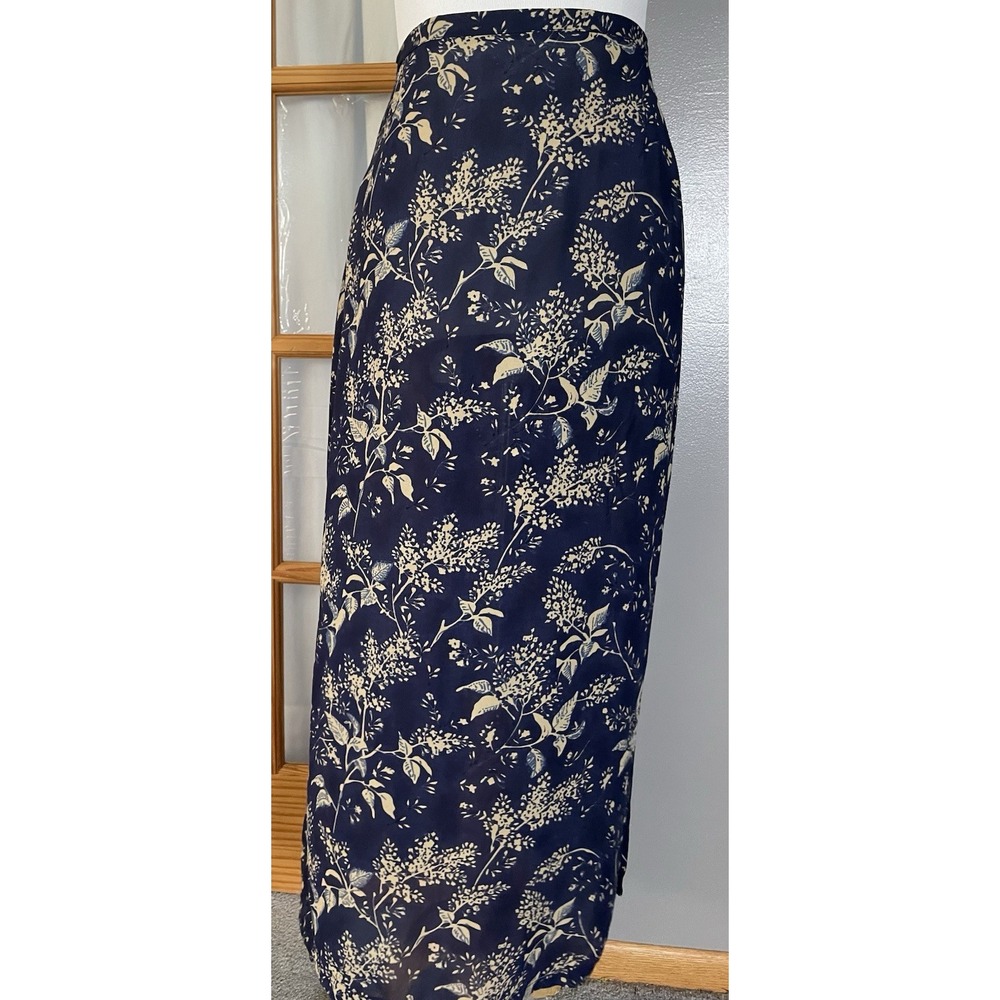 Vtg 90s Imagio Floral Maxi Skirt Sz L Navy Viscose Slits Flowy Career Boho Party